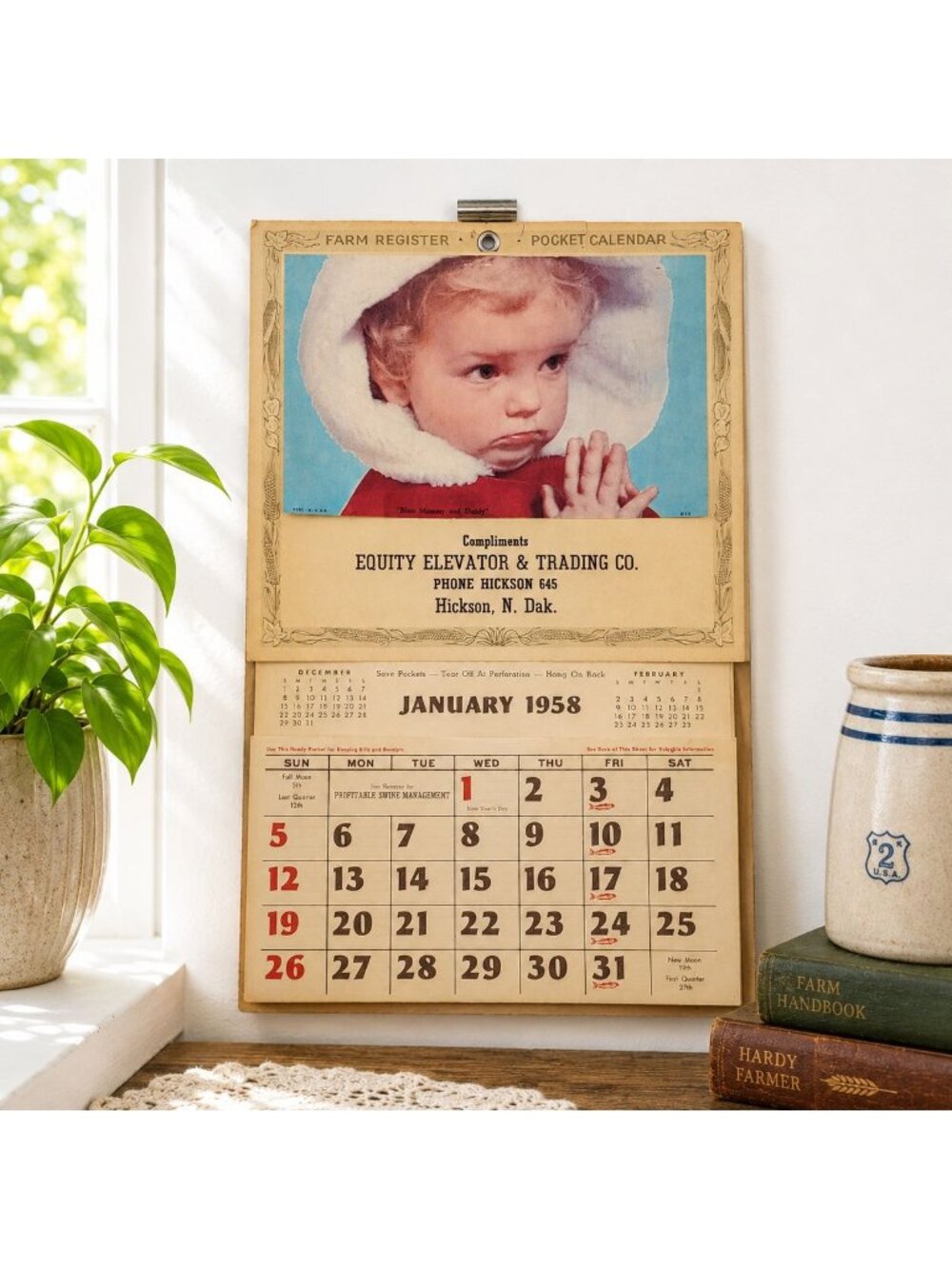 Vintage 1958 Farm Register Pocket Calendar With Religious Artwork & Equity Eleva